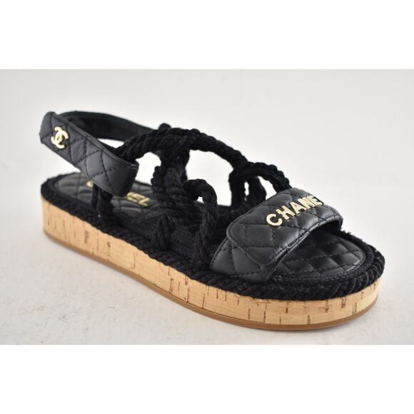 Chanel REV Black Gold Cord Rope CC Quilted Mule Ankle Strap Dad Sandal Flat 36 - Picture 3 of 14